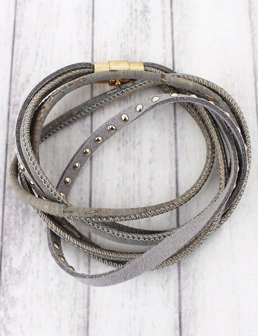 Gray cork & studded faux suede magnetic wrap bracelet